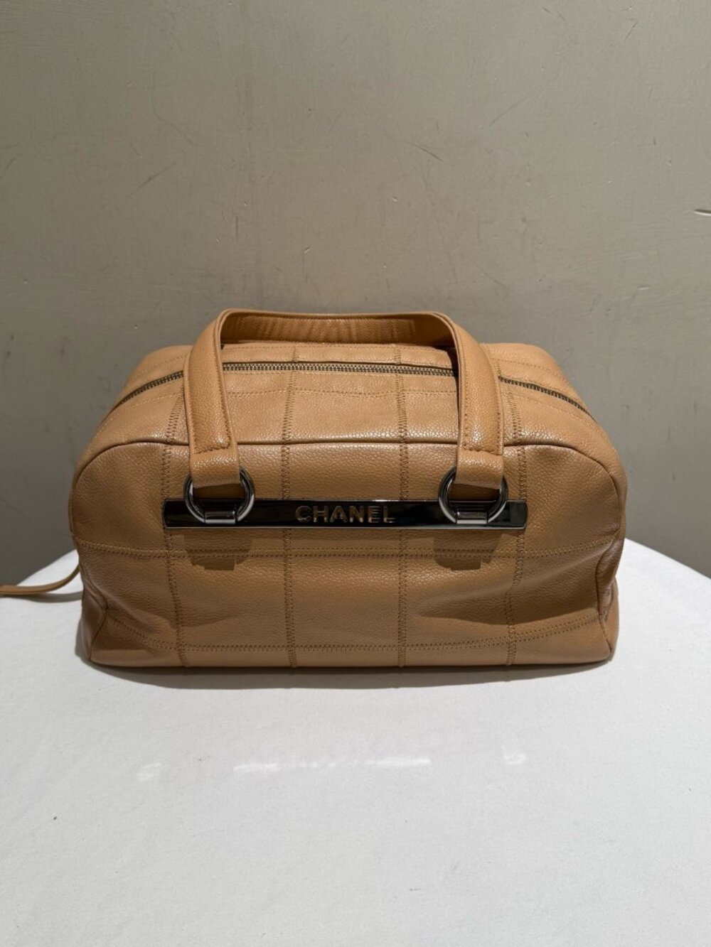 Chanel Milk‑Tea Caviar Leather Quilted Bowling Boston Handbag